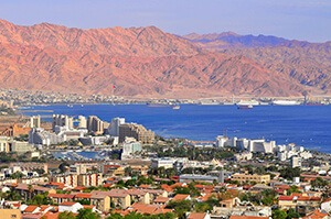 View of Israeli resort city Eilat and Jordan Mountains.